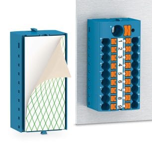 A blue 19-connection Phoenix Contact distribution block.