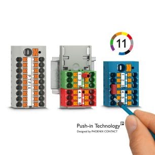 Various colored (grey, green, red, blue) Phoenix Contact push-in distribution blocks.