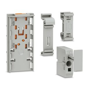 A grey Phoenix Contact adapter designed for mounting distribution blocks onto a DIN rail.
